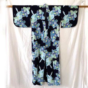 Vintage Japanese Cotton Yukata Kimono - Hydrangea Bouquet Pattern
